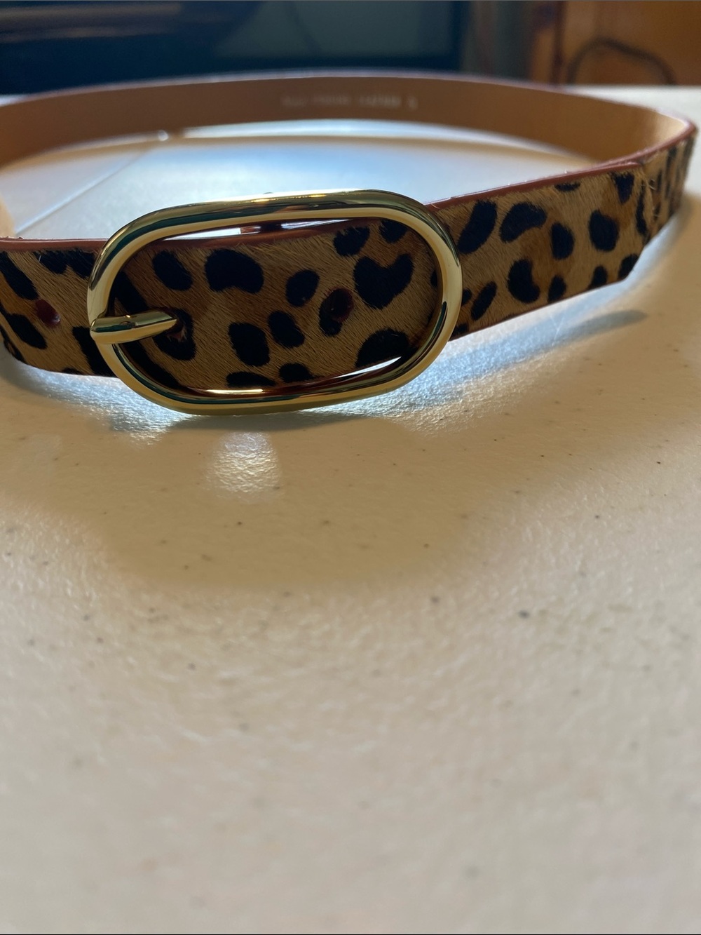 Leather Leopard Print Skinny Belt with Gold Oval Buckle 28โ-35โ fit